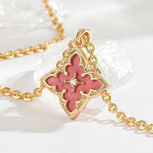 Gold Clover Necklace Women Dainty 14K Gold Pink Rhodnit Pendant Adjustable Chain - Picture 4 of 6